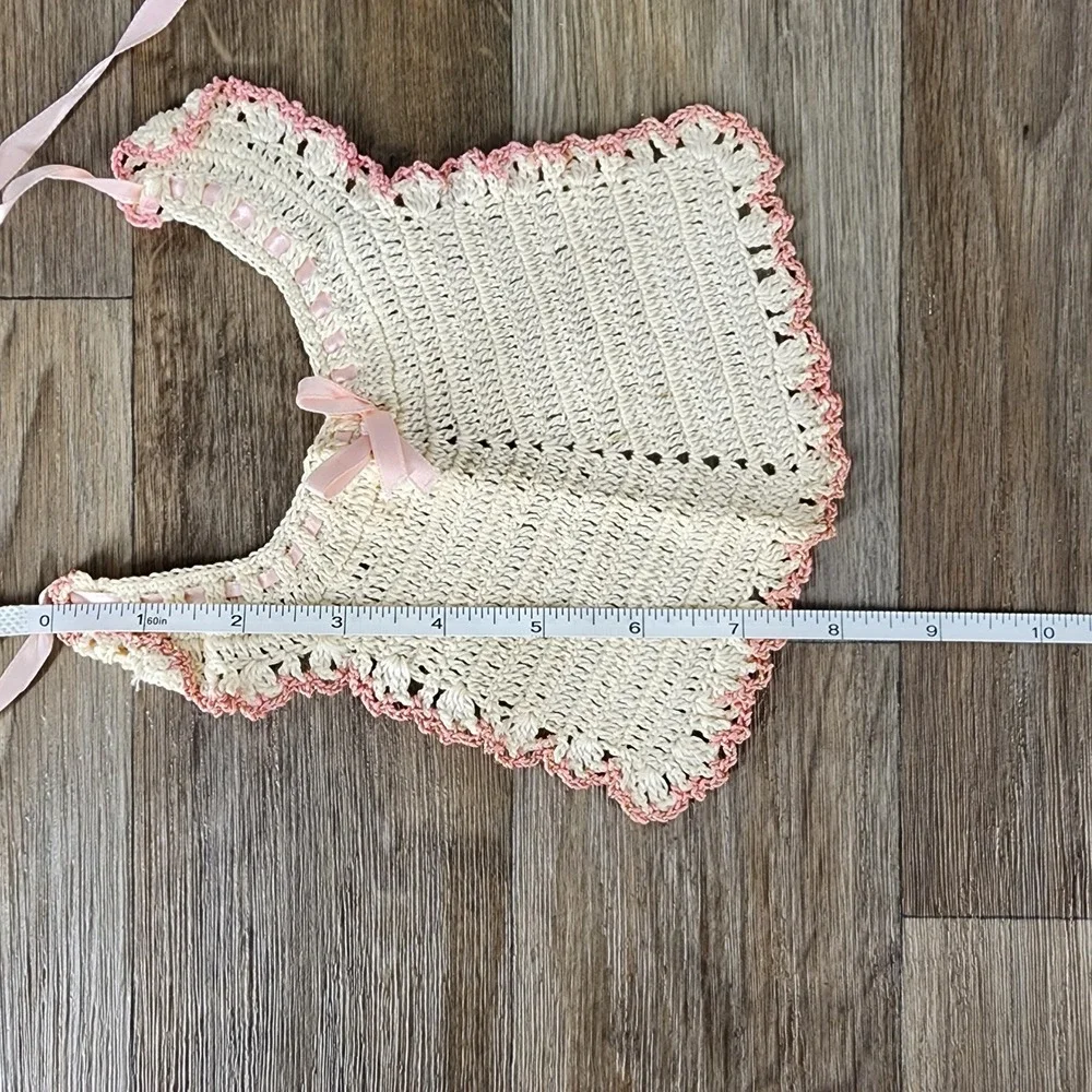 Vintage Handmade Crochet Baby Bib Pinafore Cream Pink Ribbon Scalloped Trim